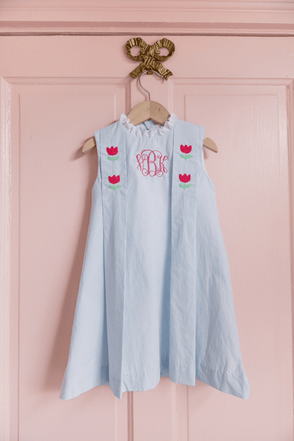 The Smocked Flamingo Apparel & Accessories TSF x Shelby Back Blue Gingham Embroidered Tulip Dress