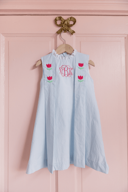 The Smocked Flamingo Apparel & Accessories TSF x Shelby Back Blue Gingham Embroidered Tulip Dress