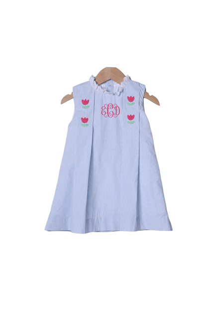 The Smocked Flamingo Apparel & Accessories TSF x Shelby Back Blue Gingham Embroidered Tulip Dress