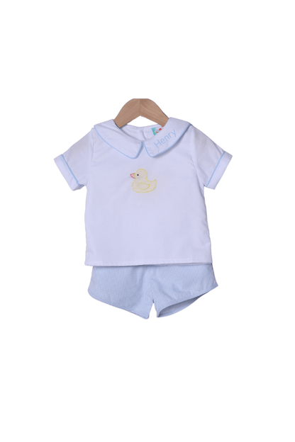 The Smocked Flamingo Apparel & Accessories TSF x Shelby Back Shadow Embroidery Duck Blue Gingham Short Set