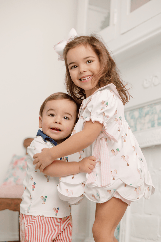 The Smocked Flamingo Apparel & Accessories TSF x Shelby Back Stick Horse Pink Seersucker Bloomer Set