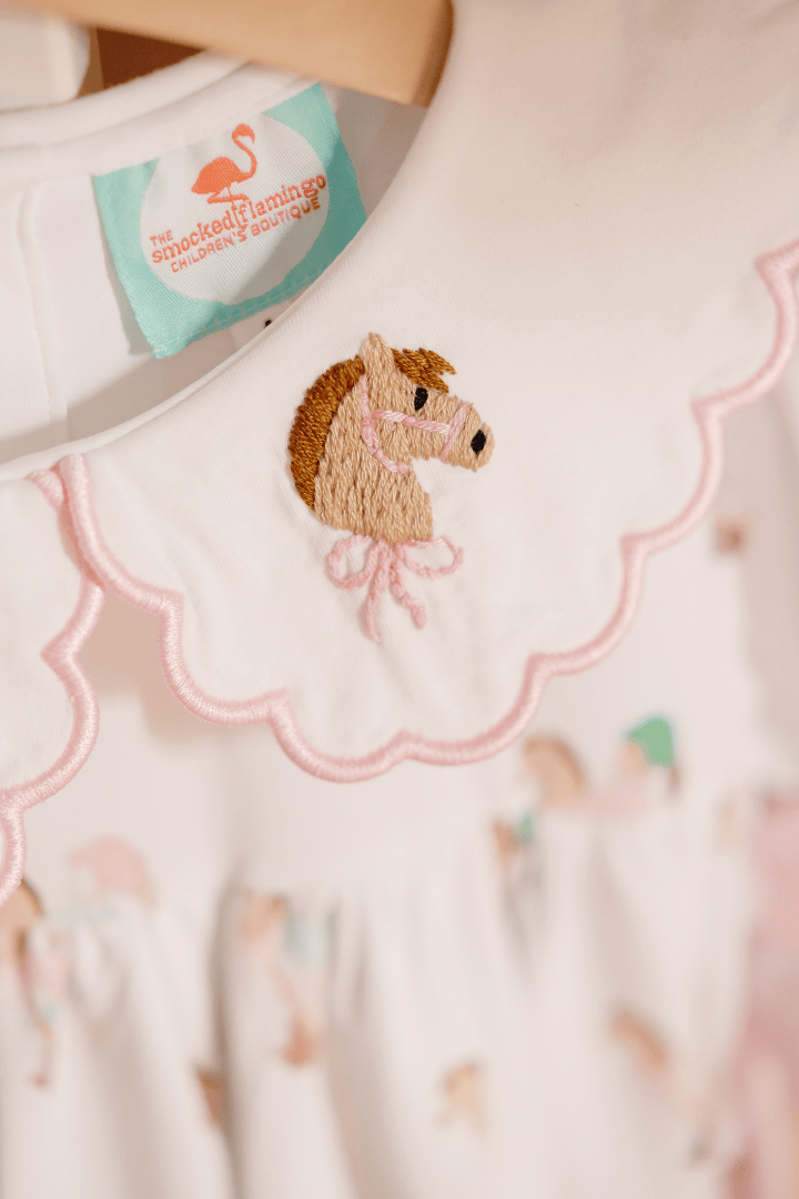 The Smocked Flamingo Apparel & Accessories TSF x Shelby Back Stick Horse Pink Seersucker Dress