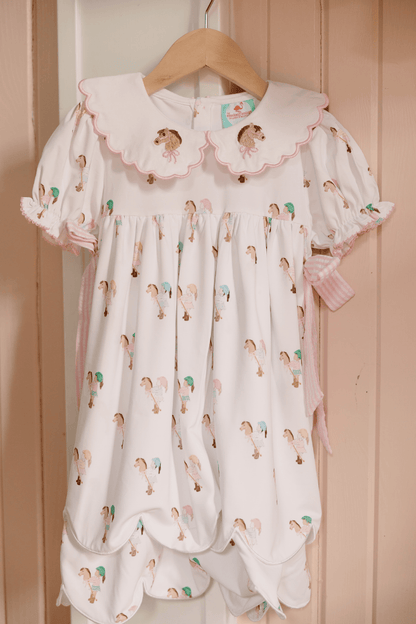 The Smocked Flamingo Apparel & Accessories TSF x Shelby Back Stick Horse Pink Seersucker Dress