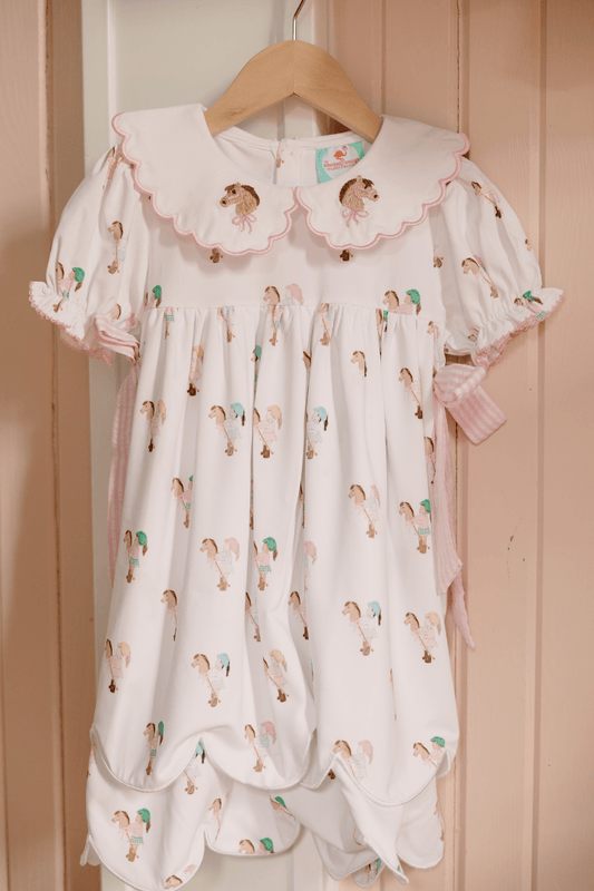 The Smocked Flamingo Apparel & Accessories TSF x Shelby Back Stick Horse Pink Seersucker Dress