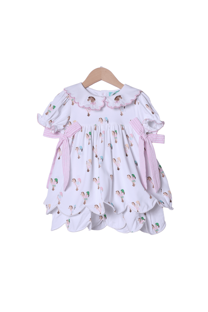 The Smocked Flamingo Apparel & Accessories TSF x Shelby Back Stick Horse Pink Seersucker Dress
