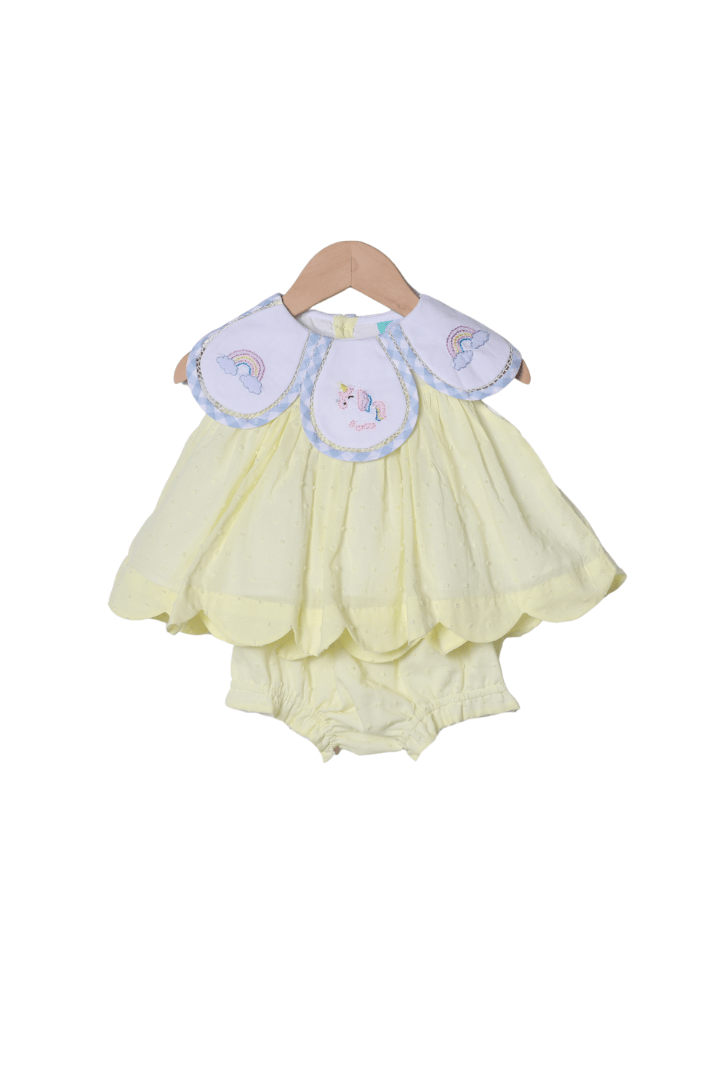 The Smocked Flamingo Apparel & Accessories TSF x Shelby Back Yellow Swiss Dot Shadow Embroidered Unicorn Bloomer Set