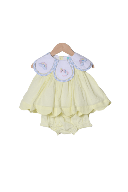 The Smocked Flamingo Apparel & Accessories TSF x Shelby Back Yellow Swiss Dot Shadow Embroidered Unicorn Bloomer Set
