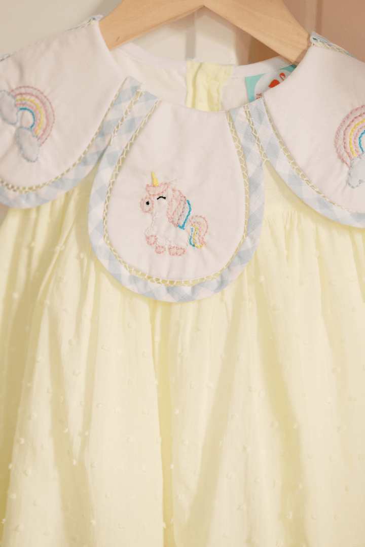 The Smocked Flamingo Apparel & Accessories TSF x Shelby Back Yellow Swiss Dot Shadow Embroidered Unicorn Bubble