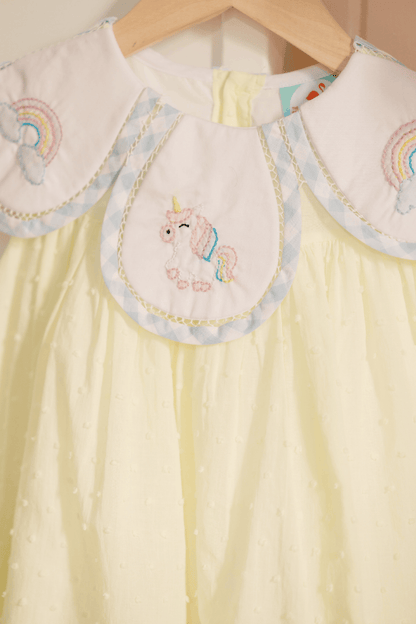 The Smocked Flamingo Apparel & Accessories TSF x Shelby Back Yellow Swiss Dot Shadow Embroidered Unicorn Bubble