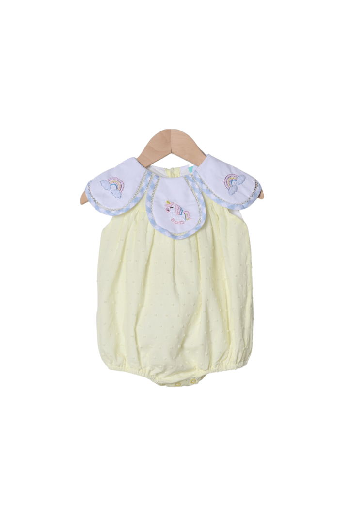 The Smocked Flamingo Apparel & Accessories TSF x Shelby Back Yellow Swiss Dot Shadow Embroidered Unicorn Bubble