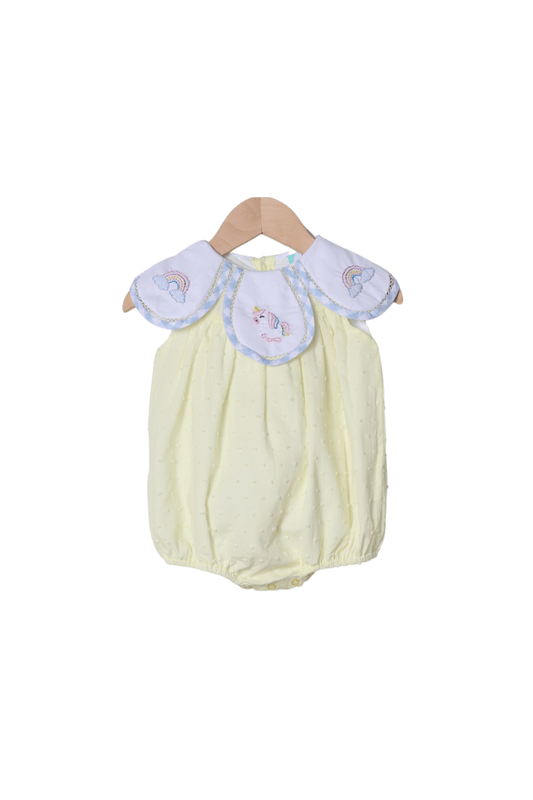 The Smocked Flamingo Apparel & Accessories TSF x Shelby Back Yellow Swiss Dot Shadow Embroidered Unicorn Bubble