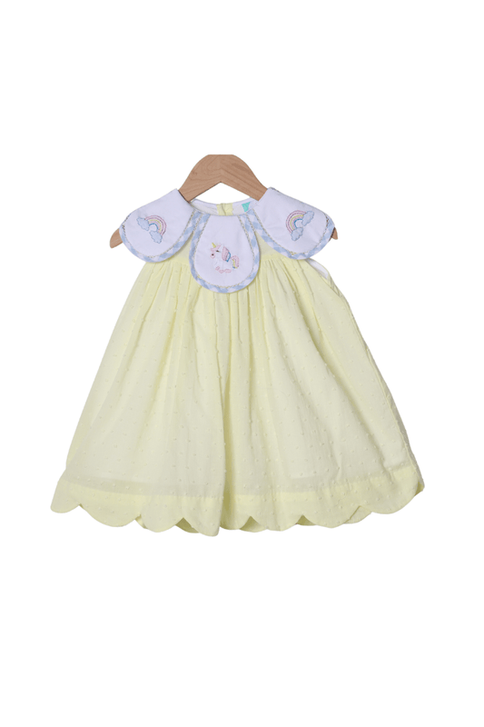 The Smocked Flamingo Apparel & Accessories TSF x Shelby Back Yellow Swiss Dot Shadow Embroidered Unicorn Dress