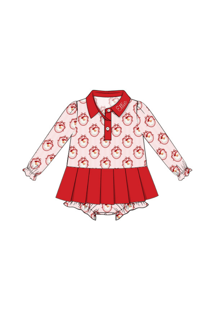 The Smocked Flamingo Apparel & Accessories Vintage Santa Pink and Red Polo Pleated Skirted Bubble