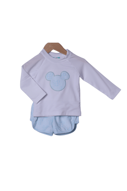 The Smocked Flamingo Apparel & Accessories Watercolor Mouse Blue Swim Trunks and Rash Guard