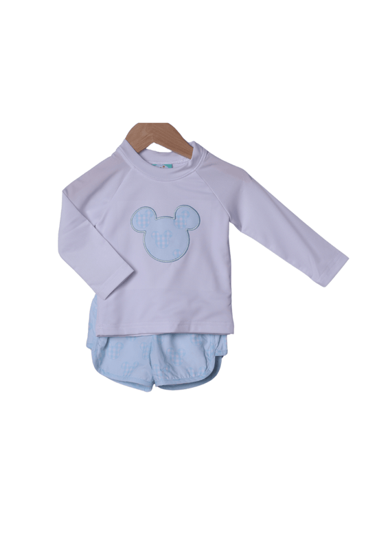 The Smocked Flamingo Apparel & Accessories Watercolor Mouse Blue Swim Trunks and Rash Guard