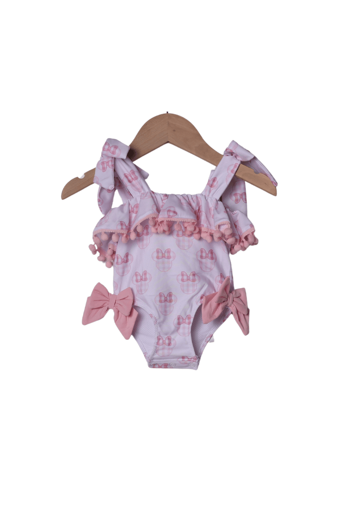 The Smocked Flamingo Apparel & Accessories Watercolor Pink Gingham Mouse Bow Swimsuit