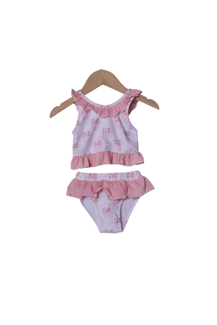 The Smocked Flamingo Apparel & Accessories Watercolor Pink Gingham Mouse Ruffle 2Pc Swimsuit