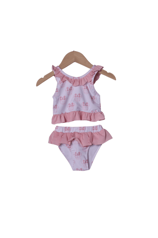 The Smocked Flamingo Apparel & Accessories Watercolor Pink Gingham Mouse Ruffle 2Pc Swimsuit