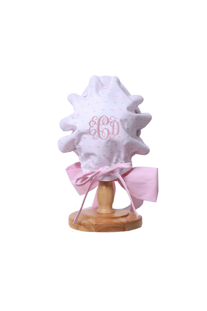 The Smocked Flamingo Apparel & Accessories White and Pink Swiss Dot Bonnet
