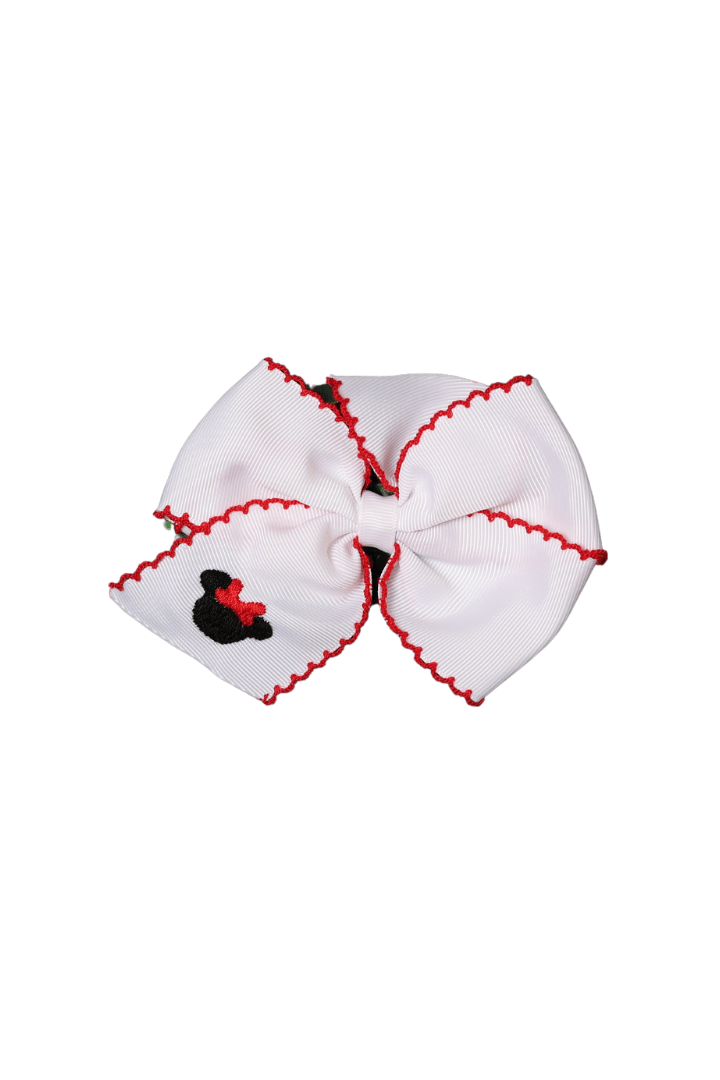 The Smocked Flamingo Apparel & Accessories White Embroidered Mouse Scalloped Edge Grosgrain Bow White/Red