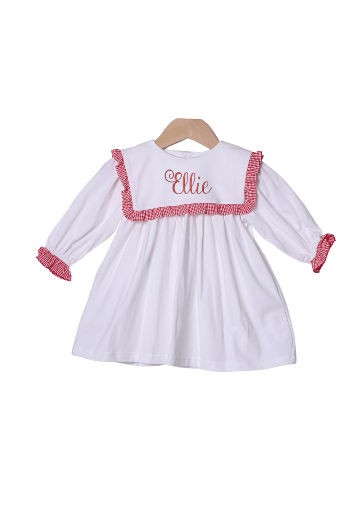 The Smocked Flamingo Apparel & Accessories White Knit/Red Gingham Swing Gown