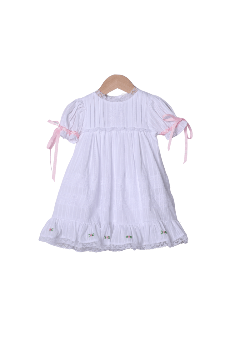 The Smocked Flamingo Apparel & Accessories White Linen Heirloom Rosette Dress
