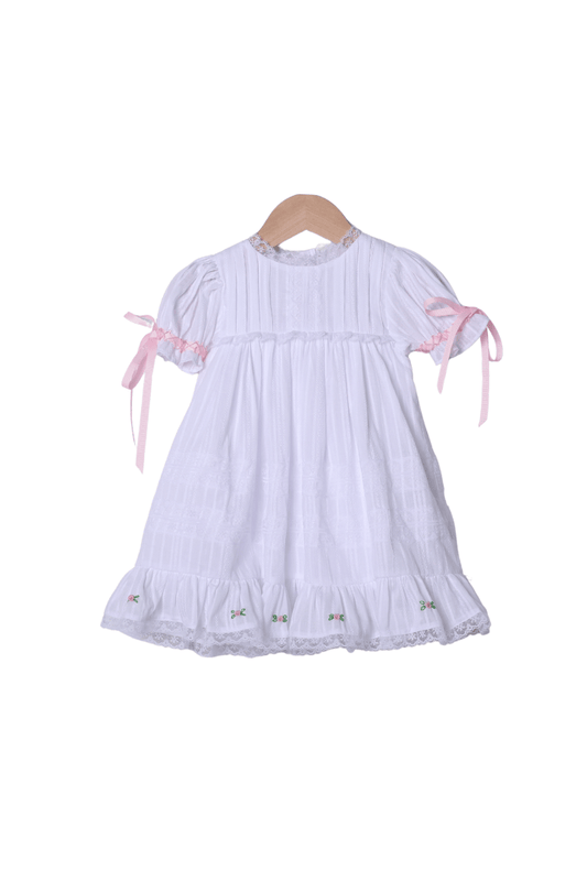 The Smocked Flamingo Apparel & Accessories White Linen Heirloom Rosette Dress