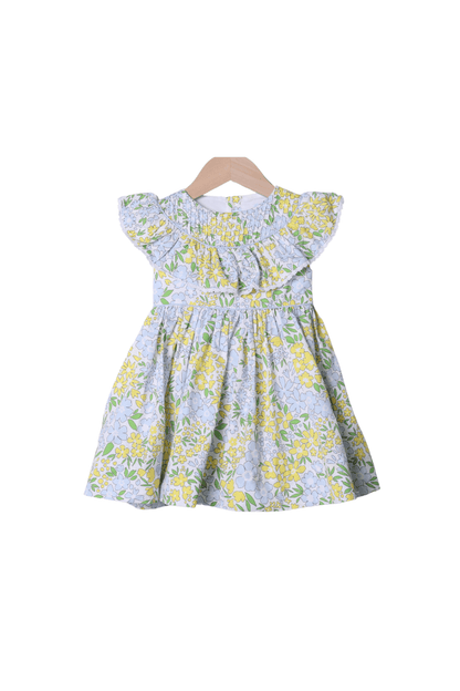 The Smocked Flamingo Apparel & Accessories Yellow and Blue Floral Ruffle Dress