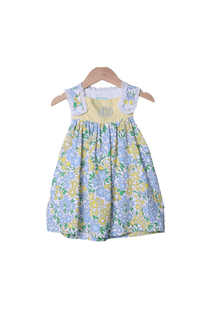 The Smocked Flamingo Apparel & Accessories Yellow and Blue Floral Ruffle Dress