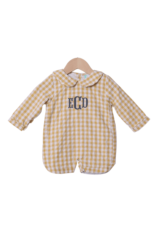 The Smocked Flamingo Apparel & Accessories Yellow Seersucker Gingham  Shortall