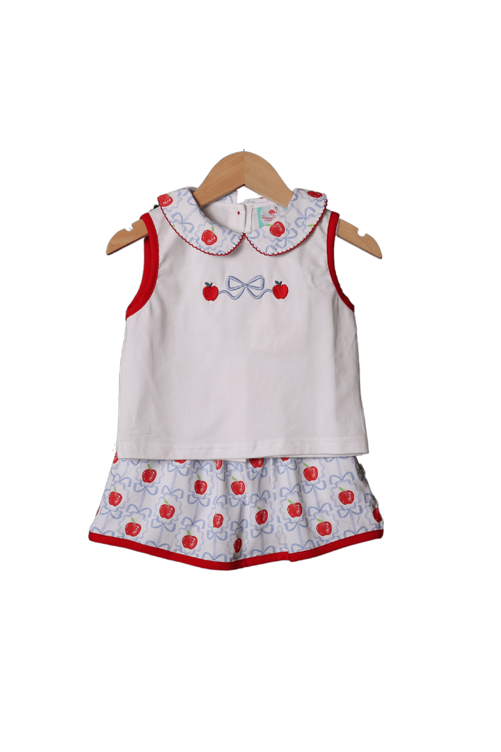 The Smocked Flamingo Applique Apple Bow Skort Set