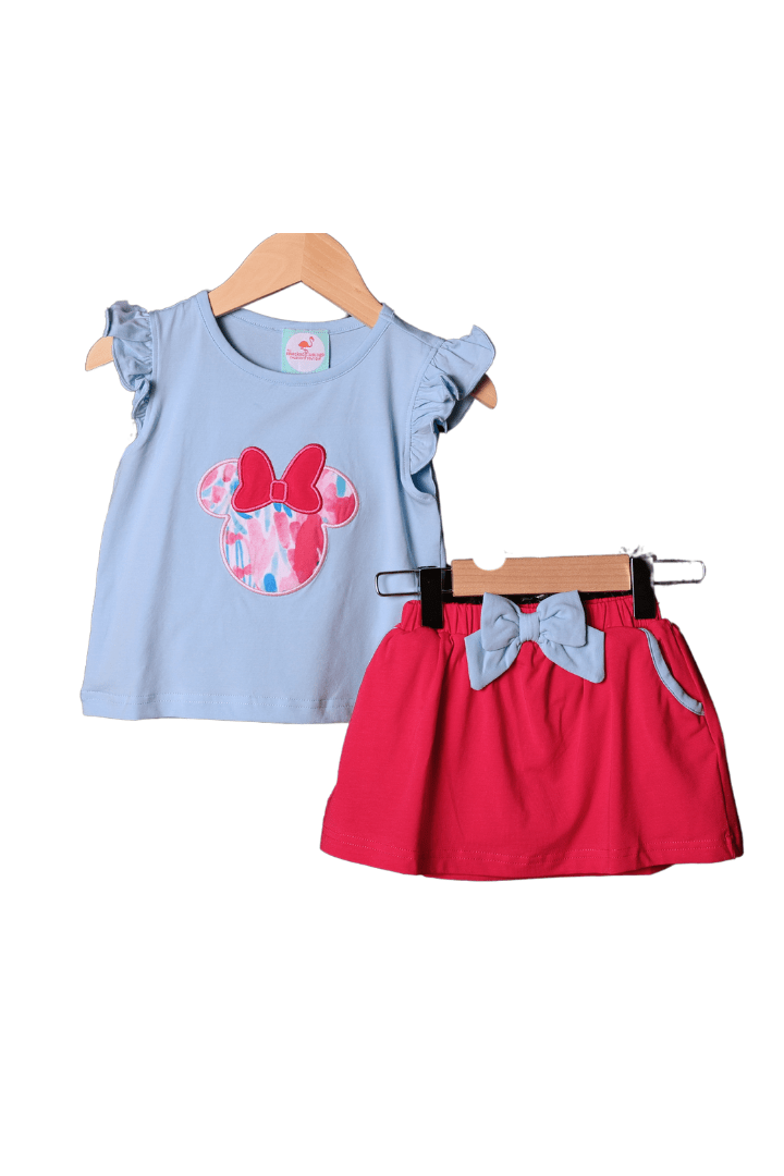 The Smocked Flamingo Applique Mouse Blue and Pink Skort Set