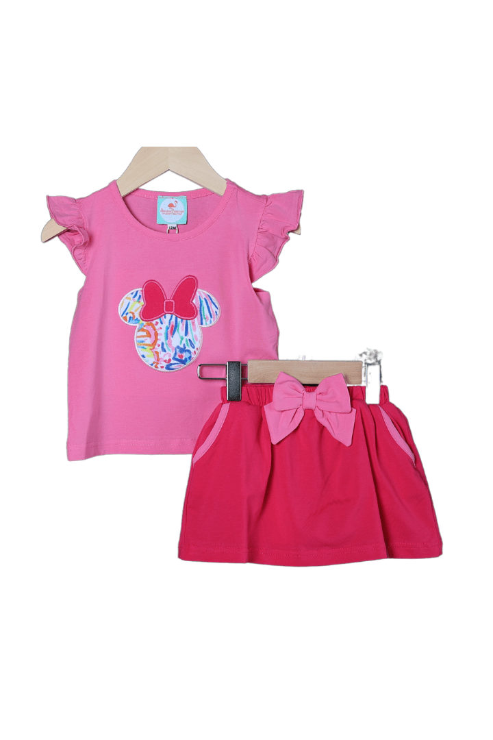 The Smocked Flamingo Applique Mouse Pink Skort Set