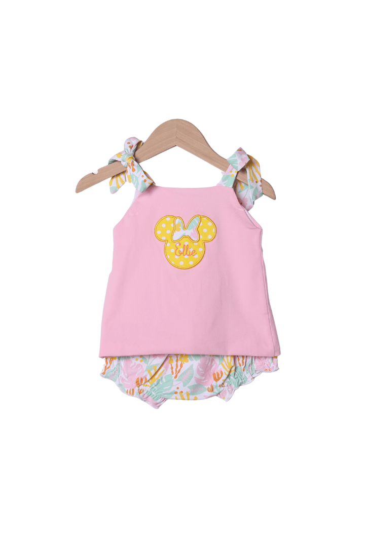The Smocked Flamingo Applique Mouse Pink Tropical Bloomer Set