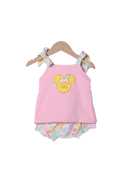 The Smocked Flamingo Applique Mouse Pink Tropical Bloomer Set