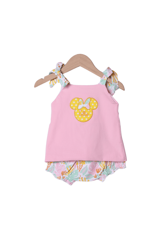 The Smocked Flamingo Applique Mouse Pink Tropical Bloomer Set
