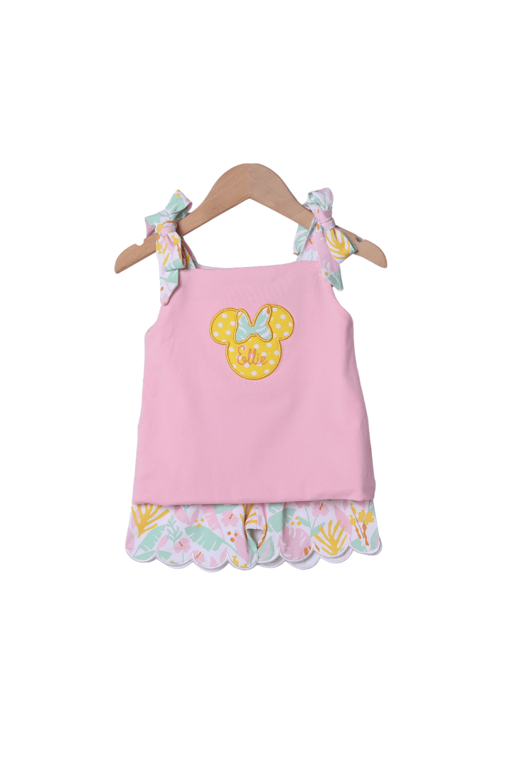 The Smocked Flamingo Applique Mouse Pink Tropical Short Set