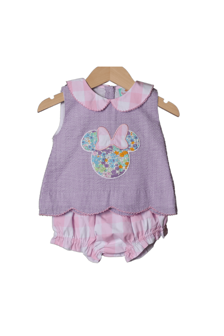 The Smocked Flamingo Applique Mouse Purple Gingham/Floral Bloomer Set