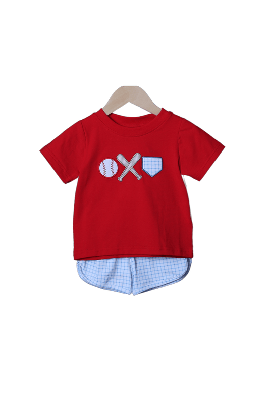 The Smocked Flamingo Baseball Applique Blue Stripe Knit Short Set