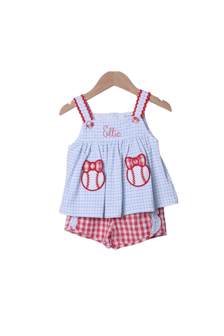 The Smocked Flamingo Baseball Bow Applique Knit Short Set