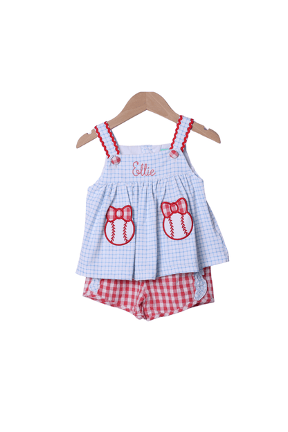 The Smocked Flamingo Baseball Bow Applique Knit Short Set