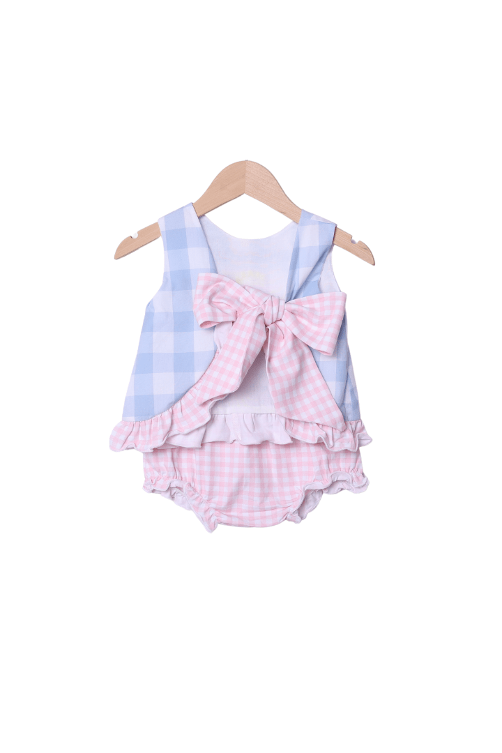 The Smocked Flamingo Blue Gingham Princess Carriage Applique Set