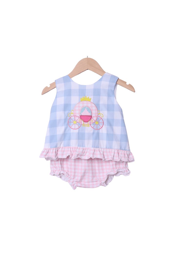 The Smocked Flamingo Blue Gingham Princess Carriage Applique Set