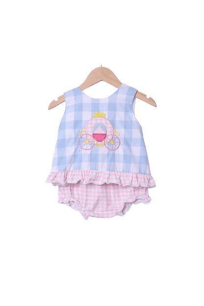 The Smocked Flamingo Blue Gingham Princess Carriage Applique Set