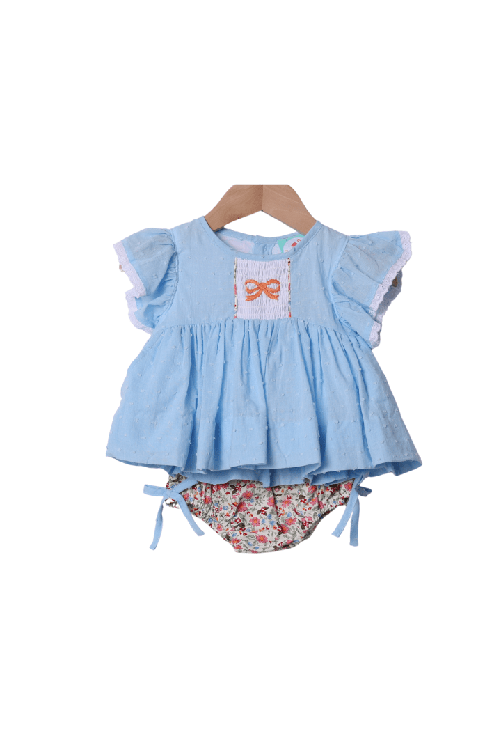 The Smocked Flamingo Blue Swiss Dot Bow Floral Bloomer Set