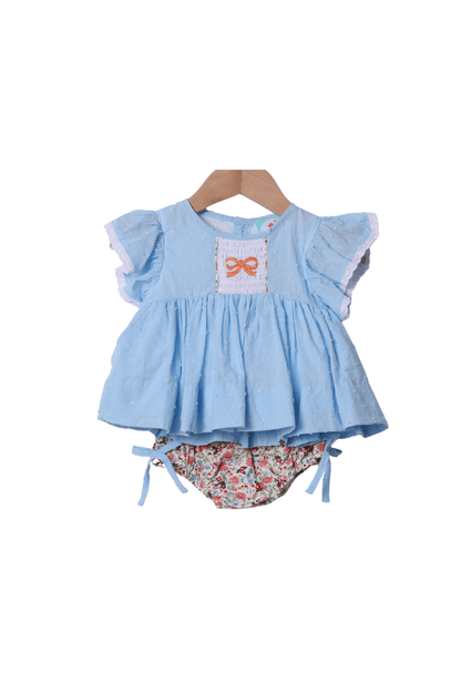 The Smocked Flamingo Blue Swiss Dot Bow Floral Bloomer Set