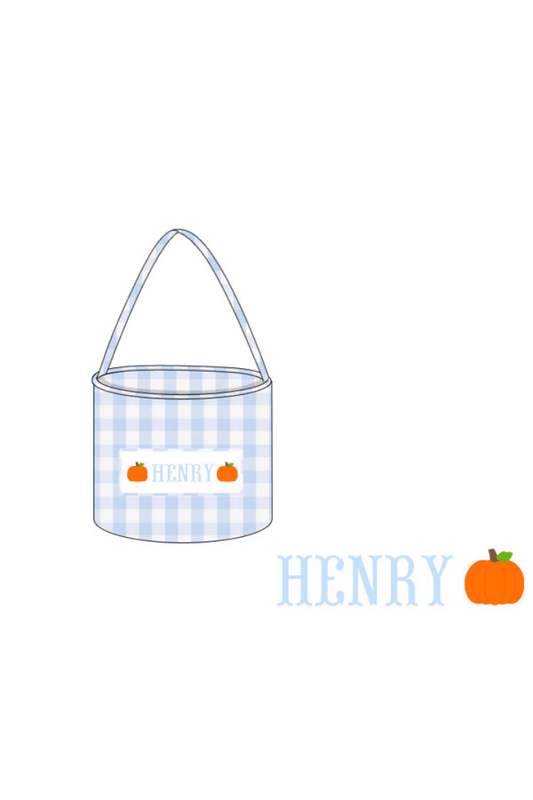 The Smocked Flamingo Blue/White Pre-Order Hand Smocked Custom Name Treat Basket-Blue Gingham Pumpkin