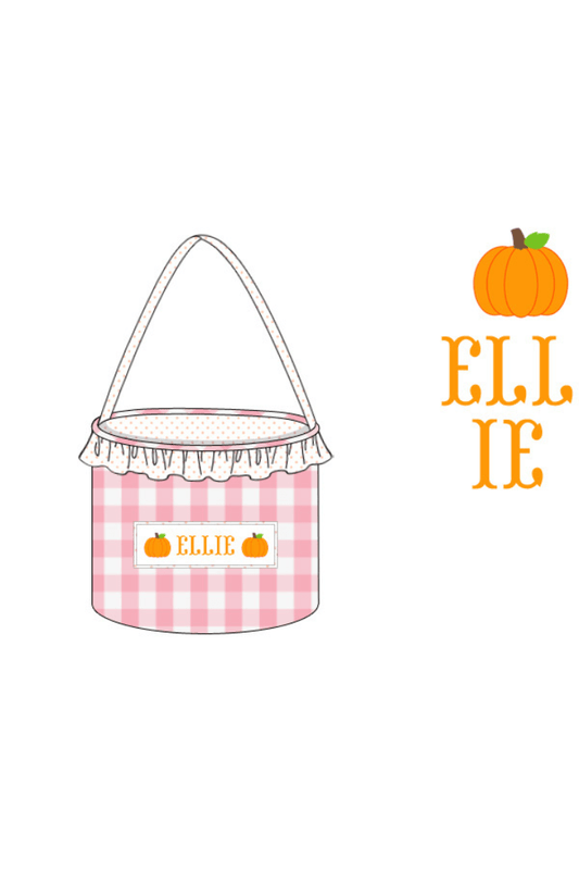 The Smocked Flamingo Blue/White Pre-Order Hand Smocked Custom Name Treat Basket-Pink Gingham Ruffle Pumpkin