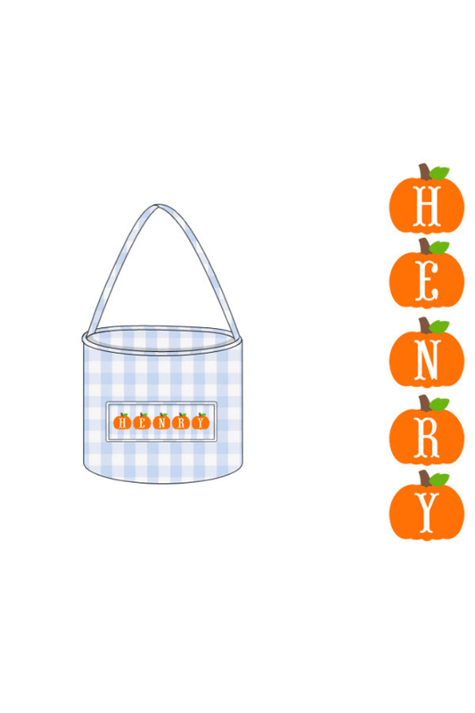 The Smocked Flamingo Blue/White Pre-Order Hand Smocked Custom Treat Basket-Blue Gingham Name Pumpkins
