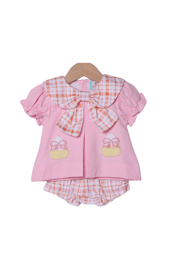 The Smocked Flamingo Children's Clothing Applique Candy Corn Pink Honeycomb/Plaid Bloomer Set